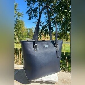 Coach Zip Top Tote F35204 Midnight Blue Crossgrain Leather